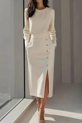 Solid Color Long Sleeves Pocket Button Decorated Slit Midi Dress
