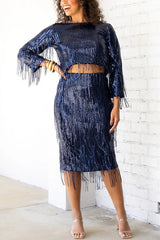 Insight Blueberry Sequin Fringe High Rise Elastic Waistband Midi Skirt