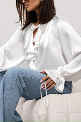 Satin Solid Color V-neck Tie Ruffle Casual Shirt