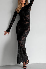 Sexy Openwork Lace Long-sleeved Slim-fit Fishtail Maxi Dress