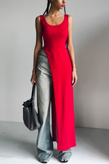 Solid Color Shoulder Strap Slim Fit Slit Maxi Top