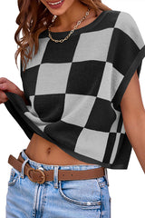 Fashionable Checkerboard Color Block Short-sleeved Loose Sweater