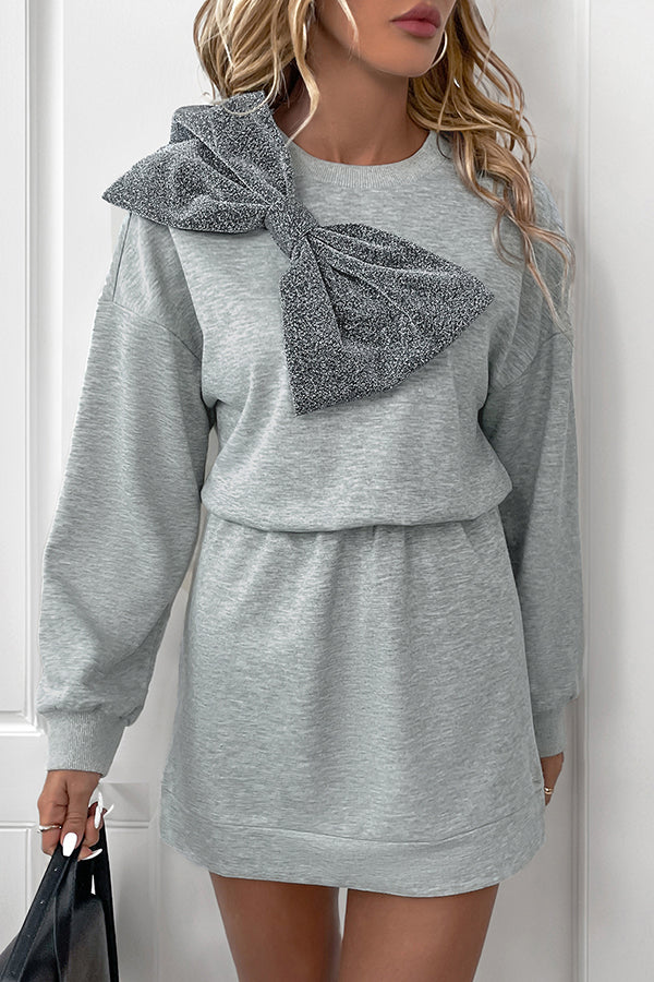 Solid Color Shiny Bow Casual Long Sleeve Sweatshirt Mini Dress