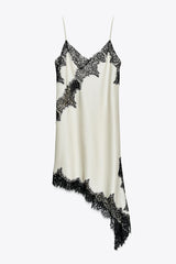 Satin Lace Trim V-neck Asymmetrical Hem Slip Mini Dress