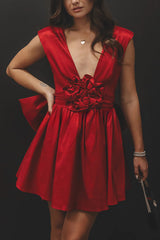 For Love Oversized Rose Bow Design Pleated Mini Dress