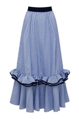 Striped Print Elegant Ruffle Trim Vacation Maxi Skirt