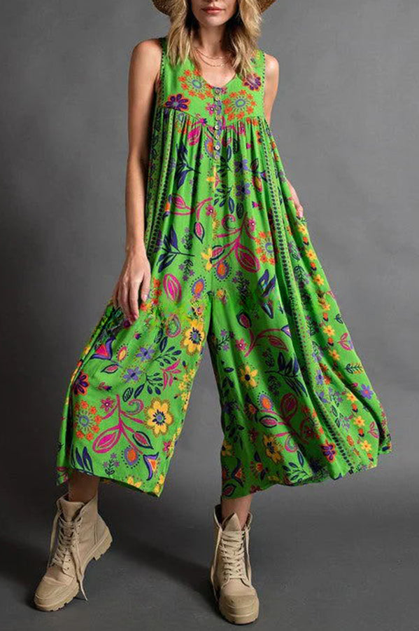 Vintage Boho Floral Print Pocketed Loose Jumpsuit