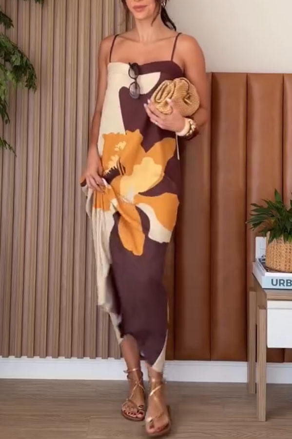 Light Breeze Color-block Floral Print Adjustable Strap H-line Midi Dress