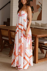 Botanical Print Halter Square Neck Pleated Loose Maxi Dress