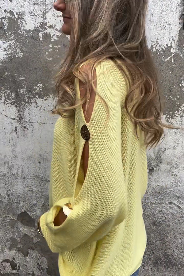 Solid Color Round Neck Hollow Long Sleeve Loose Knitted Sweater