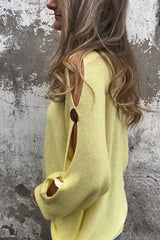 Solid Color Round Neck Hollow Long Sleeve Loose Knitted Sweater