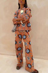 Mediterranean Art Knit Unique Sun Vortex Print Long Sleeve Relaxed Sweater