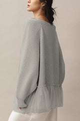 Fashionable Splicing Mesh Ruffle Knitted Long-sleeved Loose Cardigan