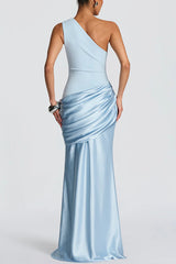 Stylish One-shoulder Sleeveless Satin Draped Slim-fit Maxi Dress
