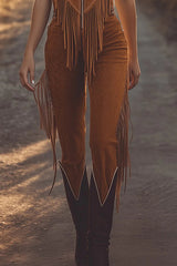 Fashionable Suede Sleeveless Zippered Slim-fit Tassel Casual Jumpsuit