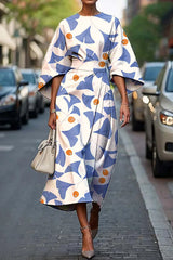 Unique Print Batwing Sleeve Waisted Casual Midi Dress