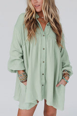 Patchwork Crinkled Puff Sleeve Raw Hem Dress