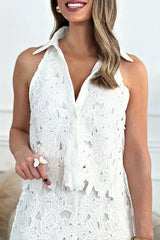 Delighted Embroidery Floral Hollow Lace Shirt-neck Vest and Wide Leg Pants Set