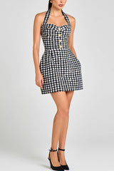 Mila Check Bouclé-tweed Fabric Halter Sweetheart Neck Gold Button Pocketed Mini Dress