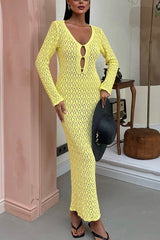 Fashion V-neck Long-sleeved Hollow Slim Maxi Dress