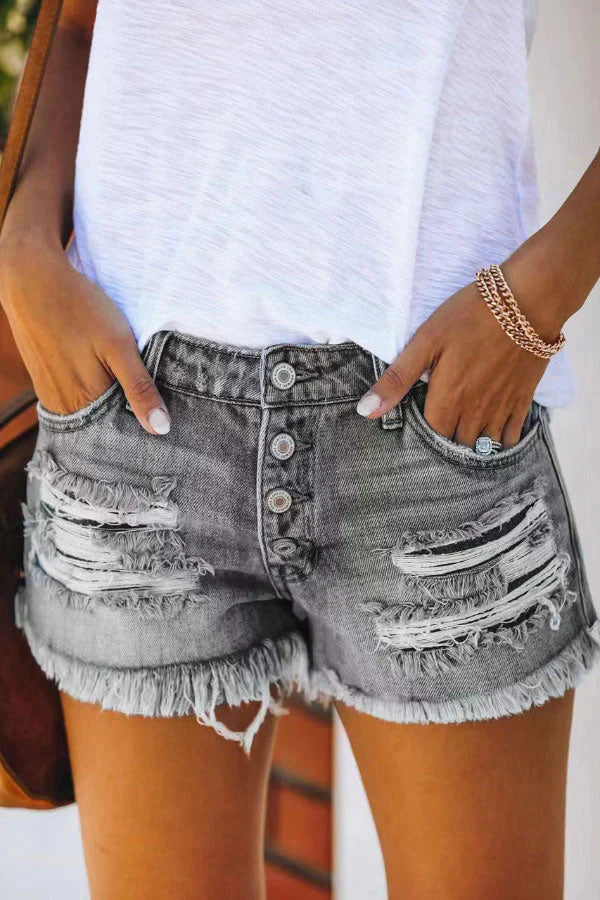 Trendy Ripped Fringed Denim Shorts