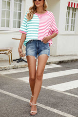 Striped Color Block Print Crew Neck Short Sleeve Loose Top