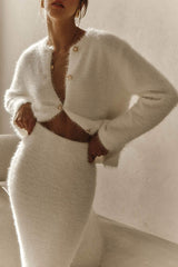 Solid Color Long-sleeved Button-pocket Knitted Jacket and Elegant Long Skirt Set