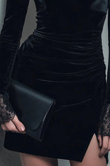 Elegant Velvet Lace-trimmed Square Neck Slim-fit Mini Dress