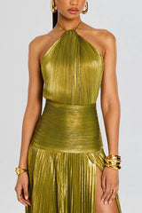 Glamorous Metallic Pleated Fabric Open Back Halter Slit Maxi Dress