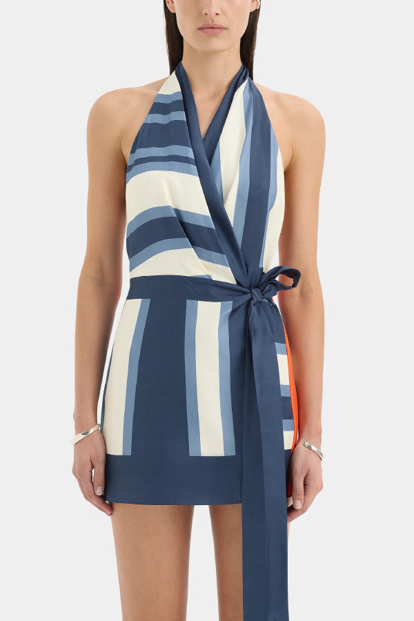Summer Striped Print Halter Neck Backless Tie Mini Dress