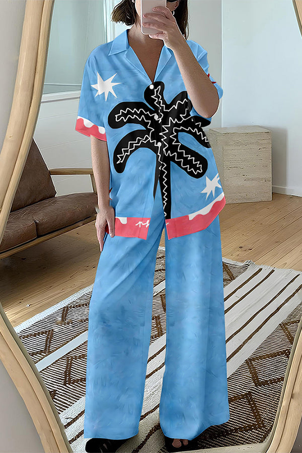 Abstract Graffiti Print Oversized Blouse and Elastic Waist Pocketed Pants Set