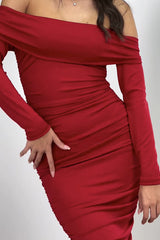 Desirable Beauty Off Shoulder Long Sleeve Ruched Stretch Maxi Dress