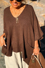Fashion V-neck Loose Pocket Mid-length Knitted Poncho Sweater