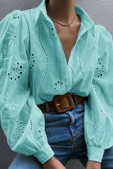Fashion Hollow Puff Sleeve Casual Lapel Loose Shirt
