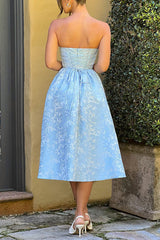 Jacquard Fabric Strapless Open Back Elegant Slim Midi Dress