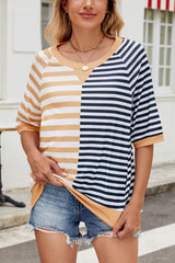 Striped Color Block Print Crew Neck Short Sleeve Loose Top