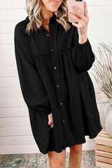 Patchwork Crinkled Puff Sleeve Raw Hem Dress