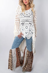 Boho Style Crochet Long Sleeve High Low A-line Maxi Top
