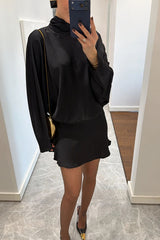 Solana Satin Draped Ribbons High Neck Long Sleeve Elastic Wst Mini Dress