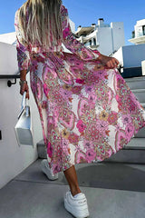 Paisley Print V Neck Long Sleeve Slit Slim Fit Dress