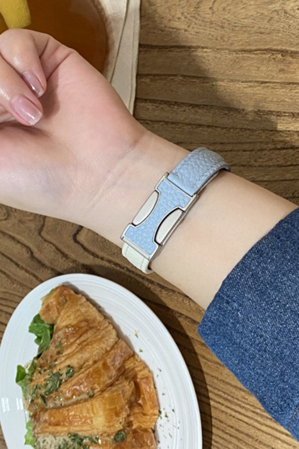 Fashionable Genuine Leather Lychee Pattern Double C Magnetic Buckle Watch Strap