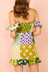 Chic Color Block Dot Print Invisible Zipper Strap Mini Dress