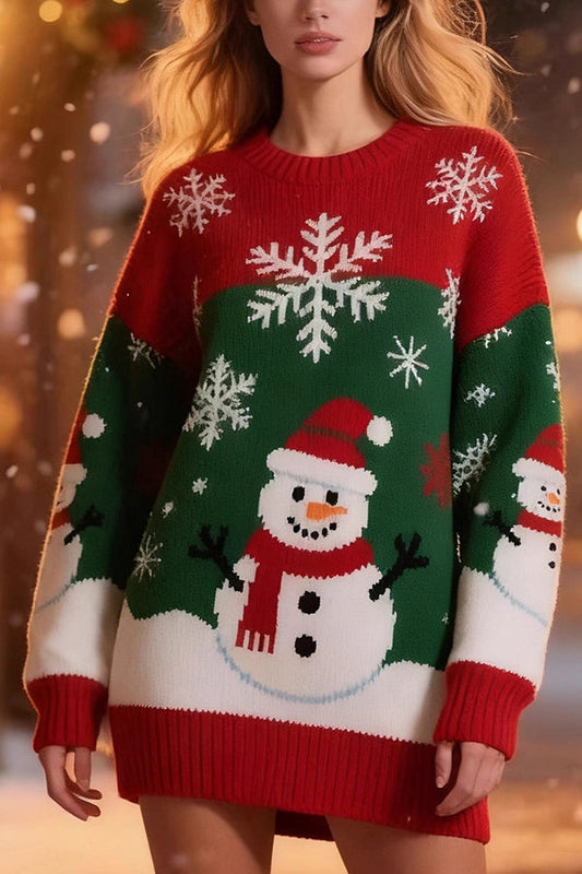 Christmas Snowman Pattern Loose Round Neck Long-sleeved Knit Sweater
