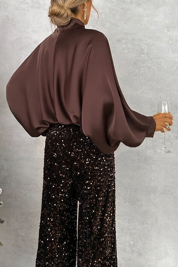 Chic and Merry Satin Bow Neck Batwing Sleeve Loose-fitting Blouse