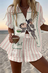 Poodle Stripe Print Loose Button Elastic Waist Shorts Set
