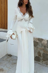 Fashion Lace Splicing Sexy V-neck Long-sleeved Slim Maxi Dress