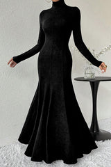 Solid Color High-neck Long-sleeved Slim-fit Fishtail Elegant Maxi Dress