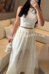 Kaya Embroidery Hollow Lace Back Smocked Tank and Elastic Waist A-line Maxi Skirt Set