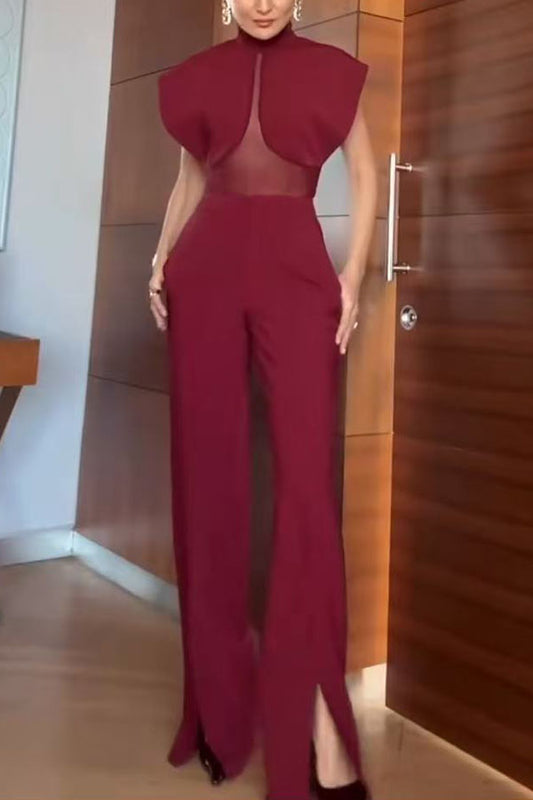 Vita Mesh Patchwork High Neck Wide Sleeve Bodysuit and High Rise Pocket Slit Pants Set