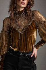 Fashionable Velvet and Mesh Patchwork Casual Long-sleeved Top